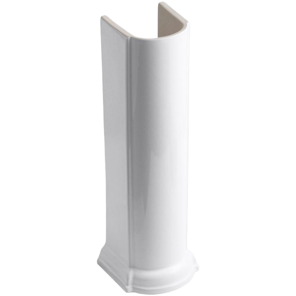White ceramic pedestal base for bathroom sink with smooth vertical edges and decorative bottom trim