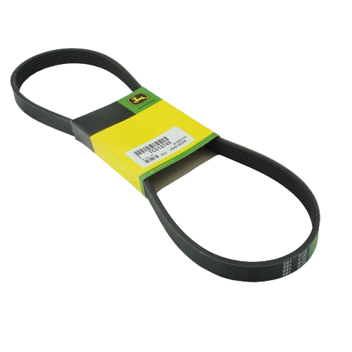 Black multi-ribbed drive belt with John Deere branded yellow and green packaging for tools and home improvement