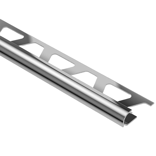 Polished chrome anodized aluminum trim with rounded edge and perforated flange for tile finishing and protection