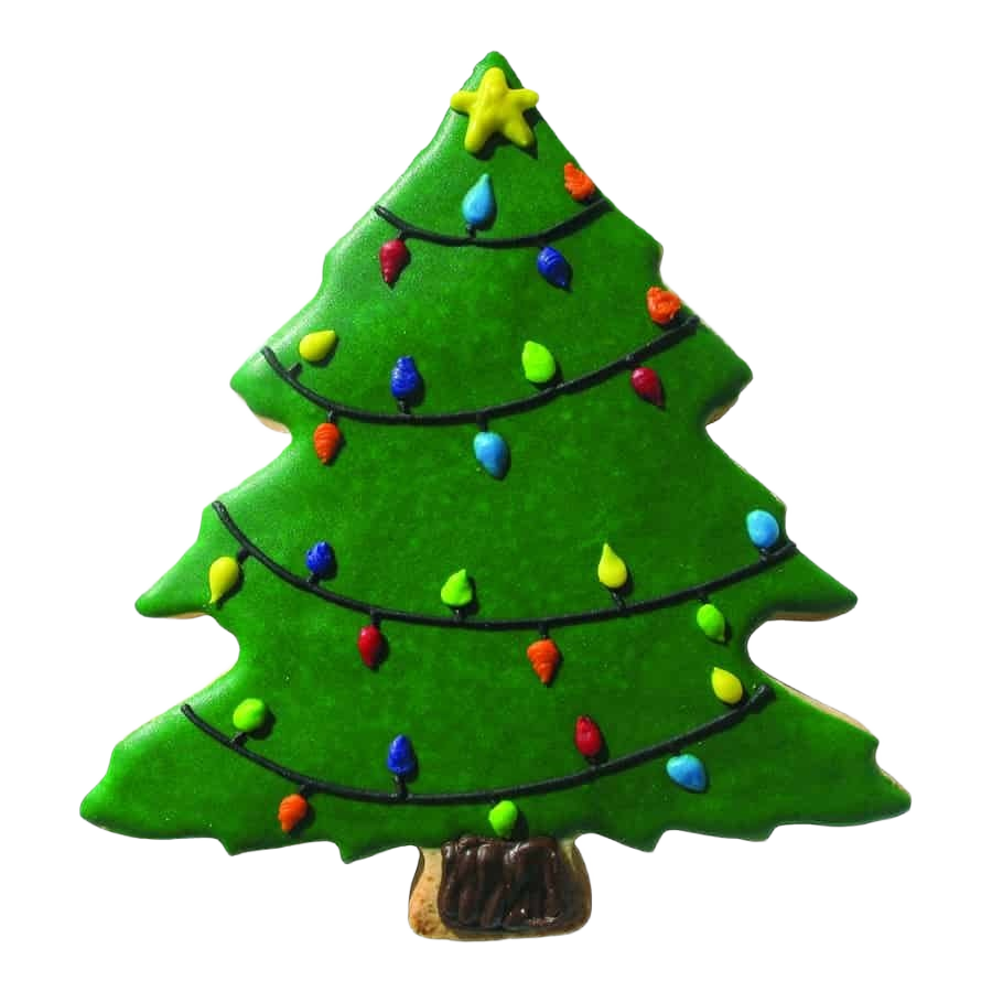 Decorated Christmas tree shaped cookie with multicolor icing lights for festive holiday baking and kitchenware use under $50