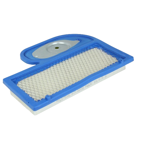 Blue-rimmed rectangular air filter element with metal mesh and foam layer for John Deere parts and lubricants collection