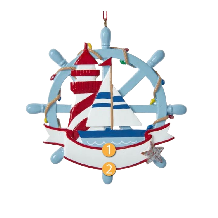 Personalized nautical Christmas ornament featuring a sailboat, lighthouse, and ship wheel for holiday tree decorations under $50