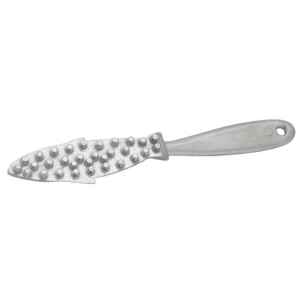 Metal fish scaler with raised nodules and ergonomic handle for effective fish cleaning in home and outdoor use