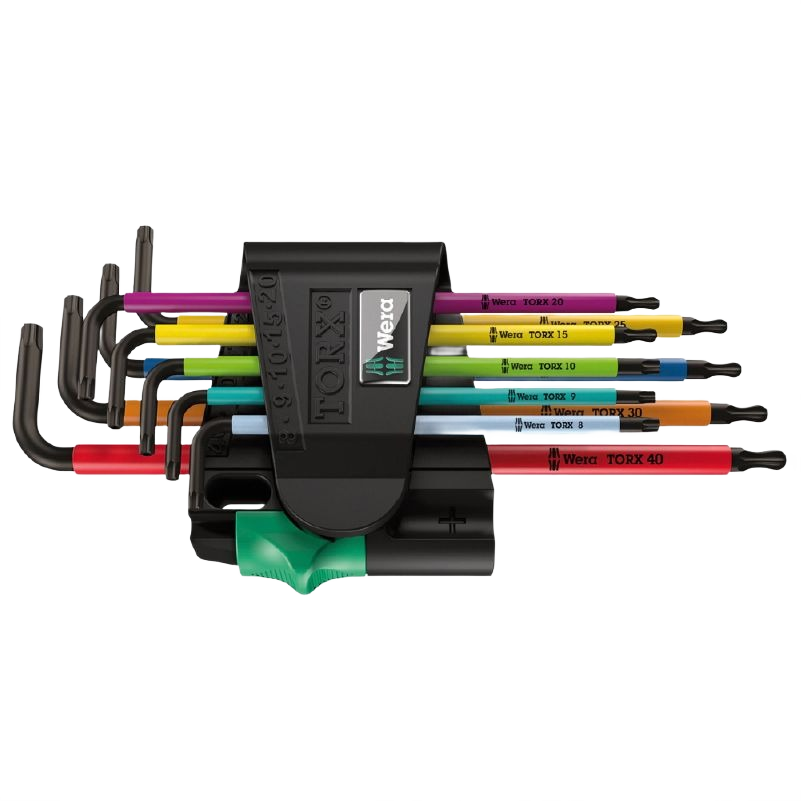 Set of multicolor ball end and security Torx L-keys organized in a black clip for easy access in tools and home improvement tasks