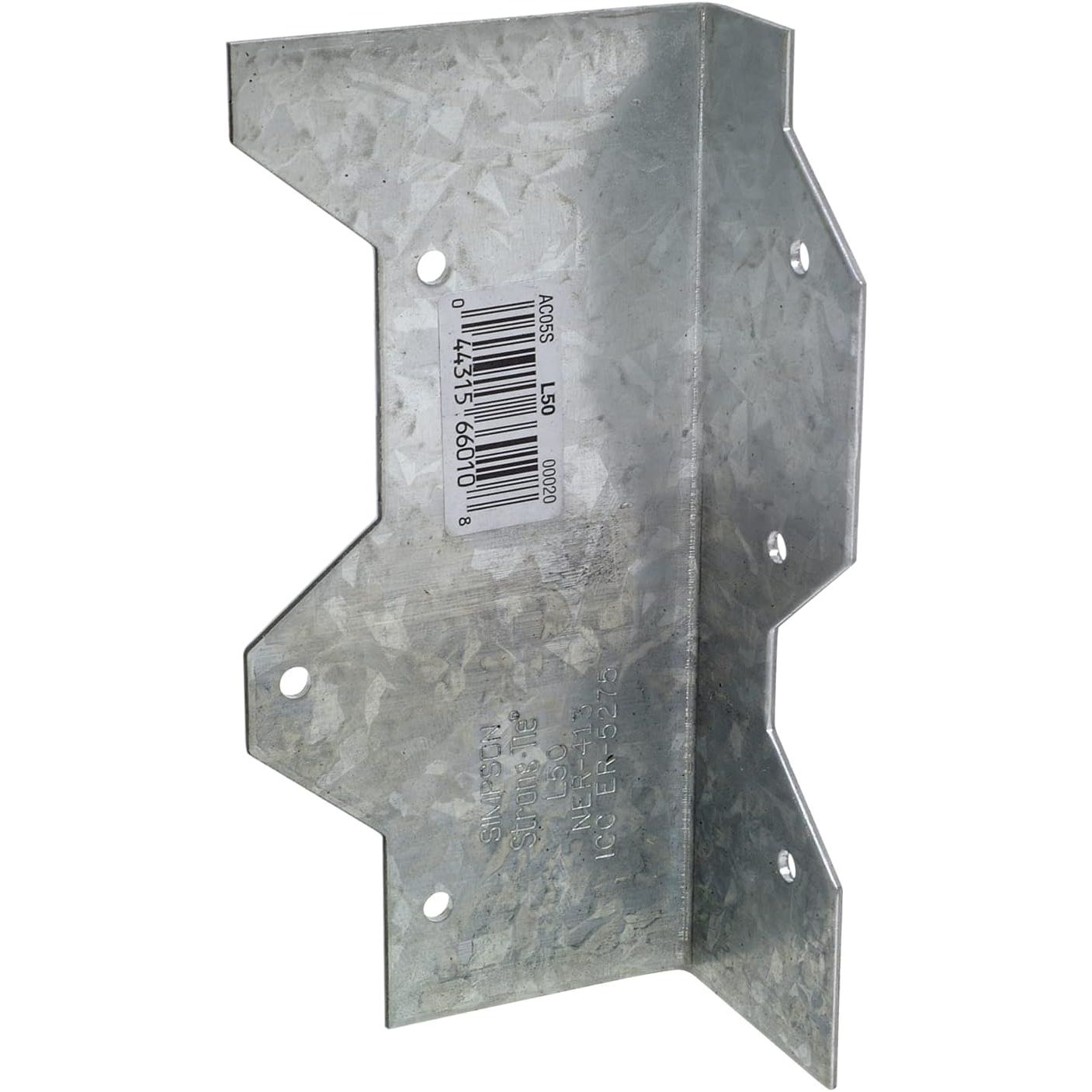 Galvanized steel reinforcing angle bracket with multiple pre-drilled holes for lumber and building materials fasteners