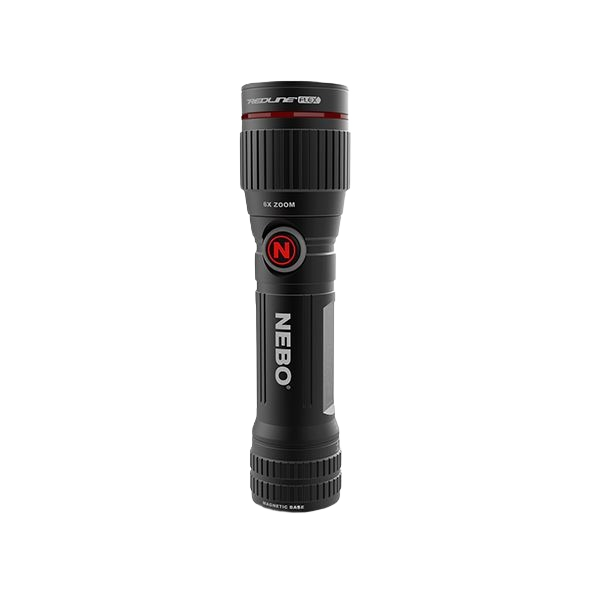 Black rechargeable tactical flashlight with zoom feature and red accent, suited for hand tools and home improvement uses