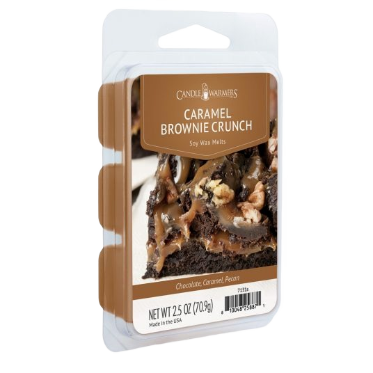 Pack of six caramel brownie crunch scented soy wax melts in classic clamshell packaging for home fragrance