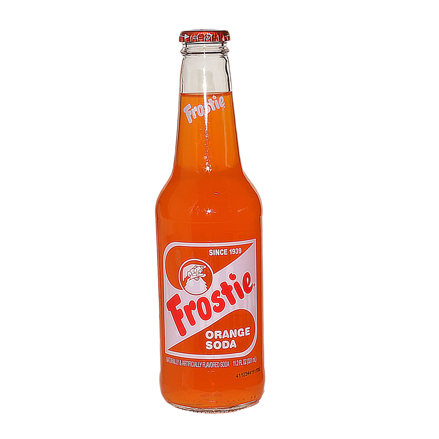 Glass bottle of Frostie orange soda featuring retro label design with orange liquid inside for beverage enthusiasts