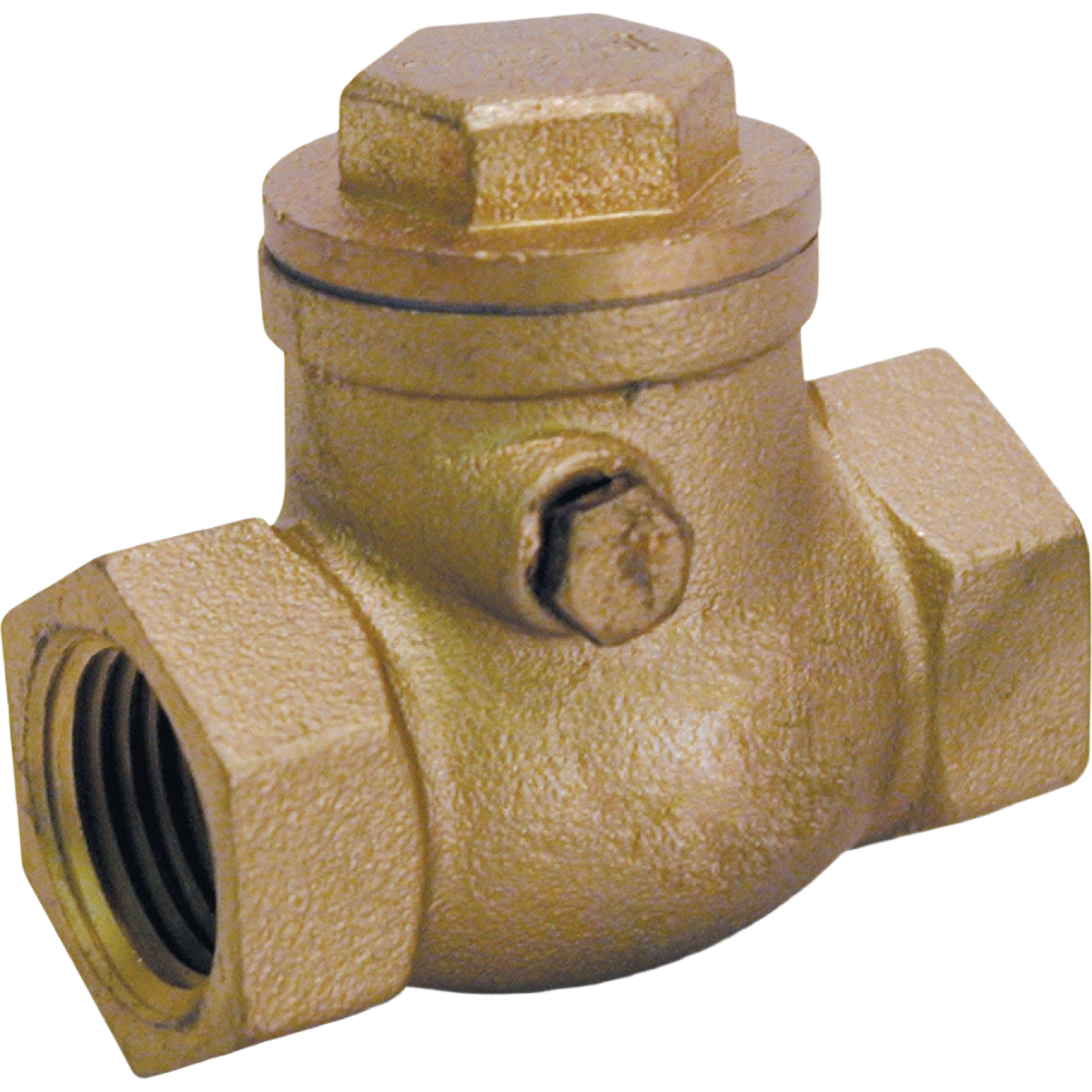 Brass swing check valve with threaded ends and hexagonal cap for plumbing and home improvement projects
