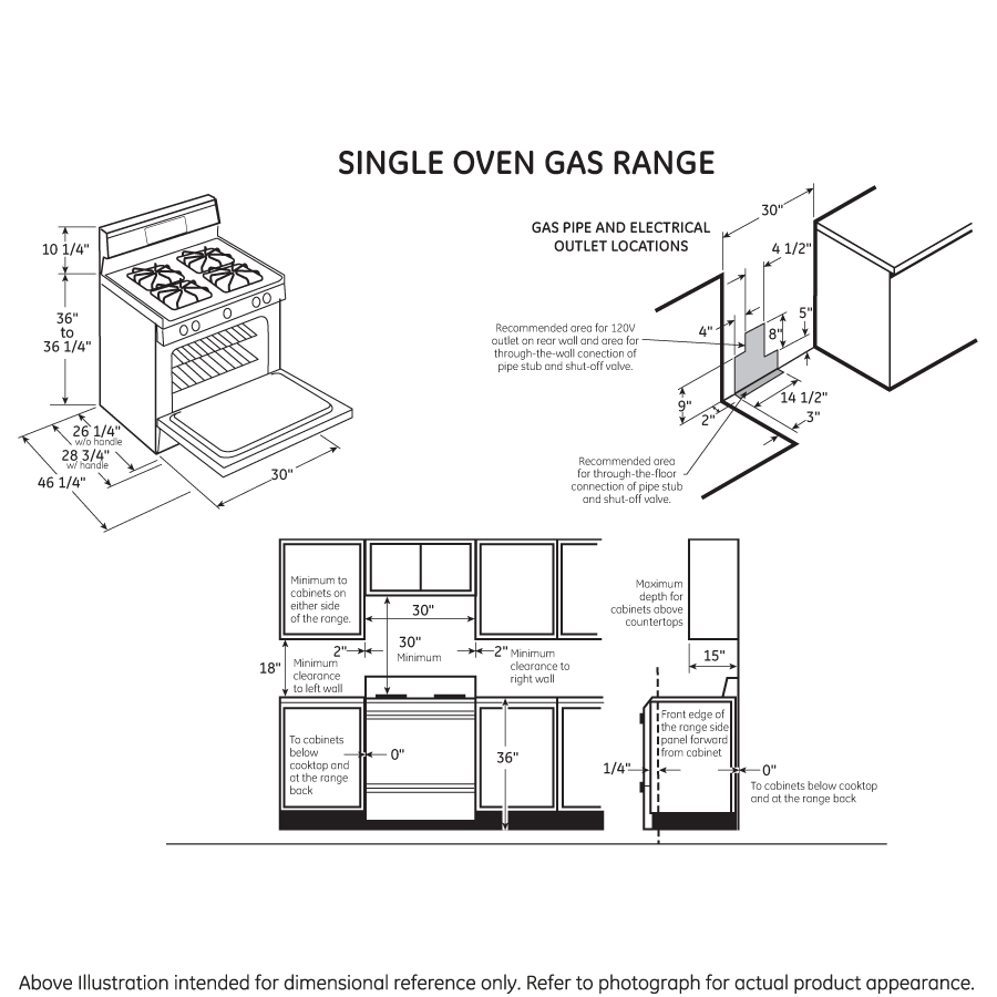 Diagram showing dimensions and clearances for installing a 30-inch single oven gas range in kitchen cabinetry and utility connections.