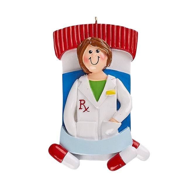 Cheerful woman pharmacist ornament in white coat with pill bottle and red capsules from Christmas Ornaments collection