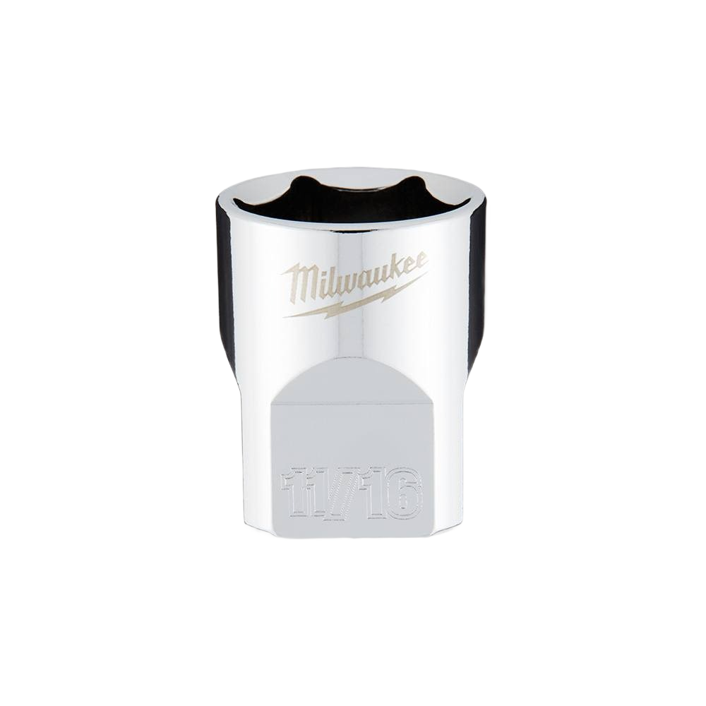 Chrome-finished 11/16 inch standard socket with four flat sides for rolling prevention in hand tools and home improvement collections