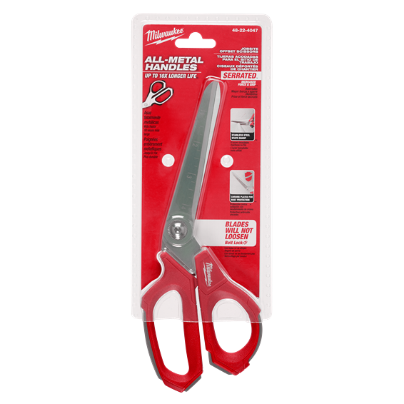 Red-handled Milwaukee Jobsite Offset Scissors with serrated iron carbide blades in cutting tools and woodworking hand tools collections under $50