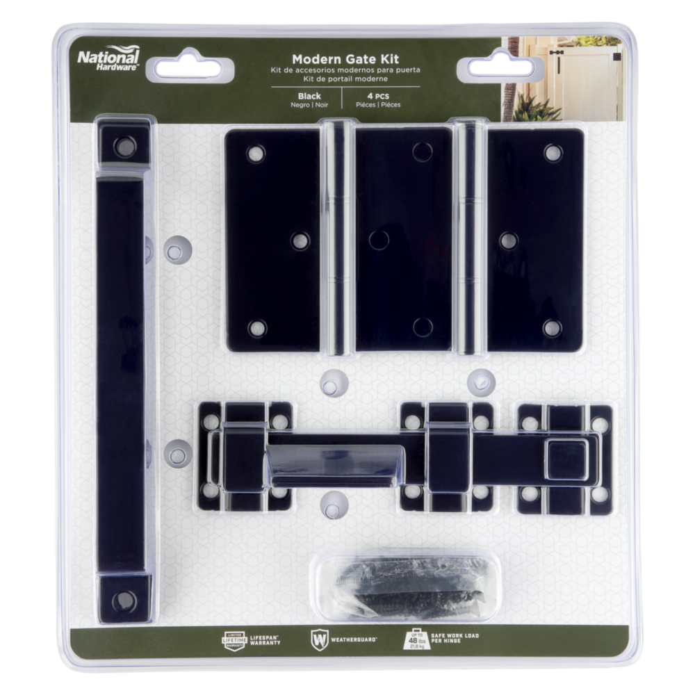 Black four-piece modern gate hardware set with hinges, latch, handle, and screws for door and gate accessories under $100