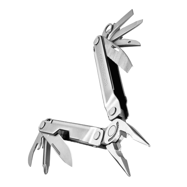 Open stainless steel multitool with pliers, knife, screwdrivers, and fold-out tools for home improvement use