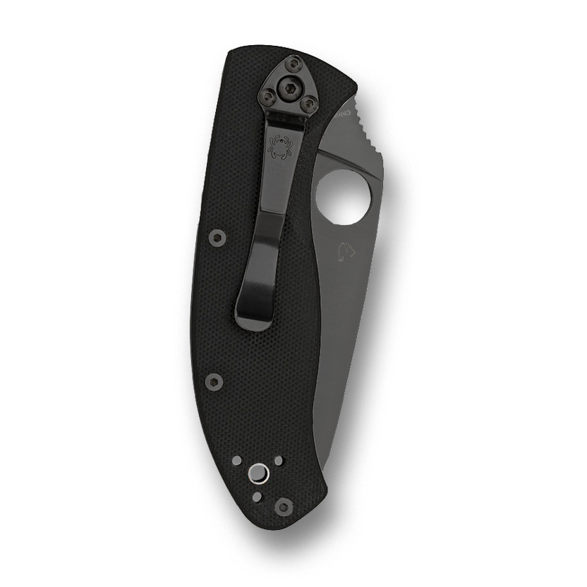 Folding black blade knife with textured G-10 handle, ideal for woodworking and home improvement tool collections under $100