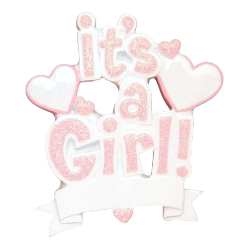 White and pink glitter "It's a Girl!" ornament with hearts and blank banner for Christmas Ornaments & Tree Decorations under $50 collection