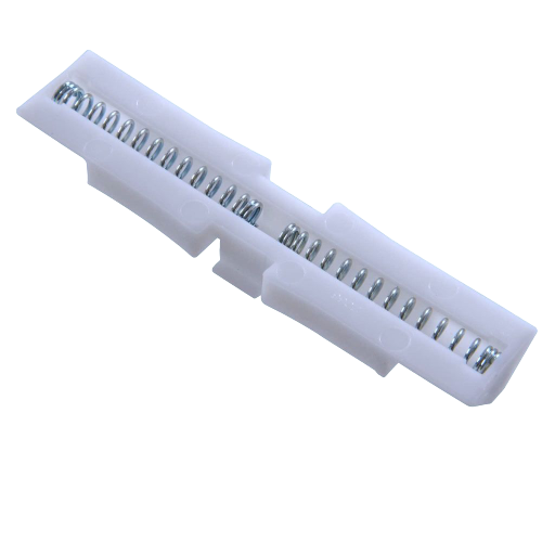 White plastic sliding door guide with integrated metal spring for smooth bi-fold door operation in hardware collection