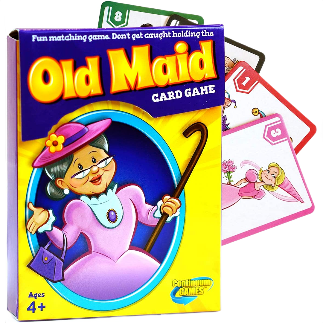Box of a classic Old Maid card game featuring colorful illustrated character cards for family play and matching fun