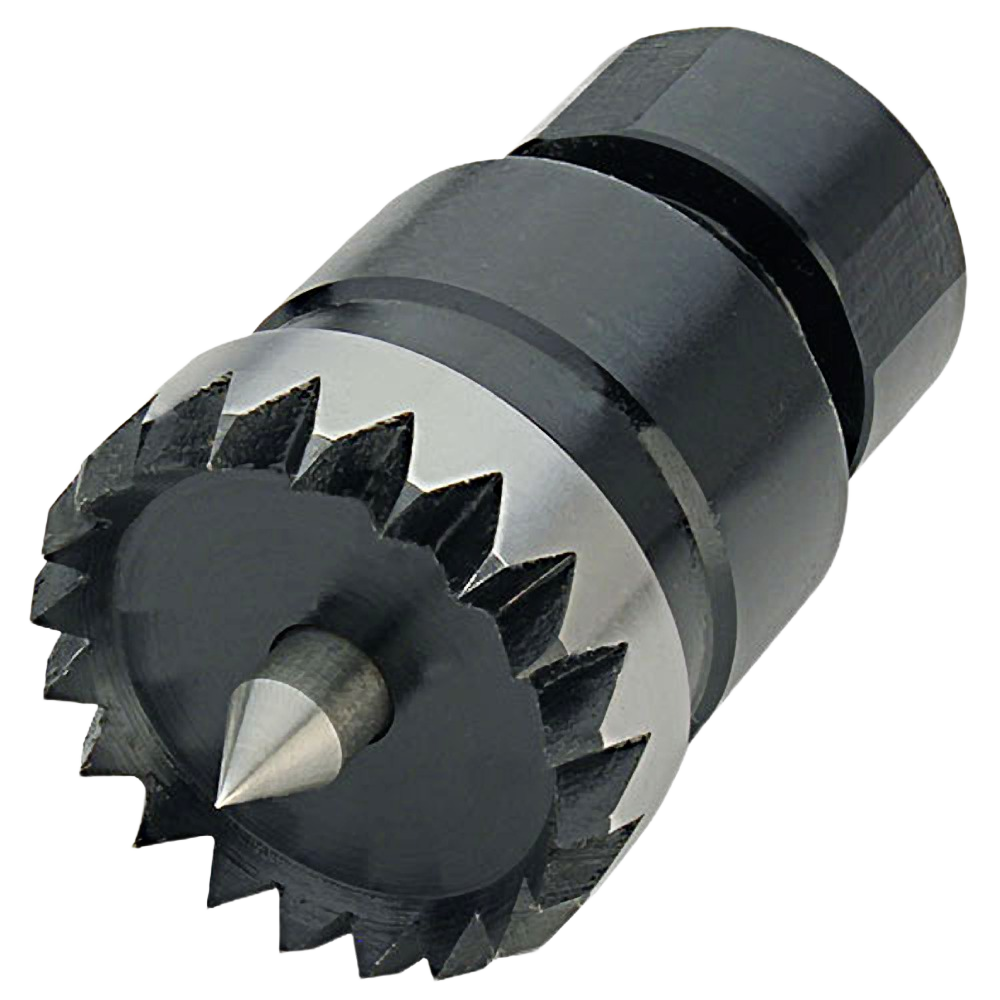 Black steel tool bit with serrated edge and pointed center for woodworking and home improvement tasks