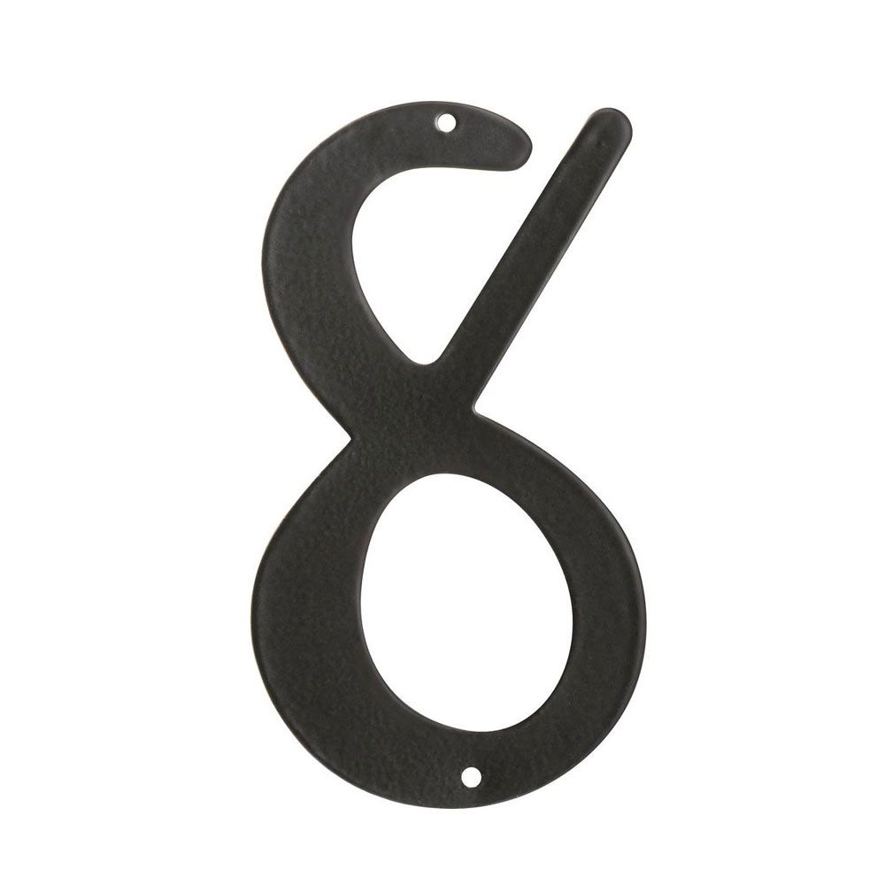 Black aluminum house number 8 with nail holes for easy mounting in home improvement projects