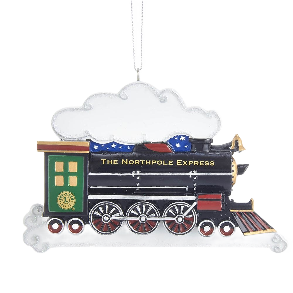 Black and green festive train ornament with gold accents and Northpole Express lettering for Christmas tree decoration collection