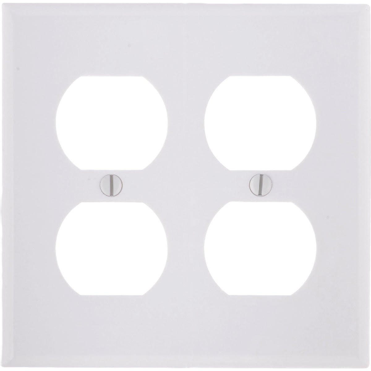 White smooth plastic 2-gang outlet wall plate with screw holes for installation in home improvement projects