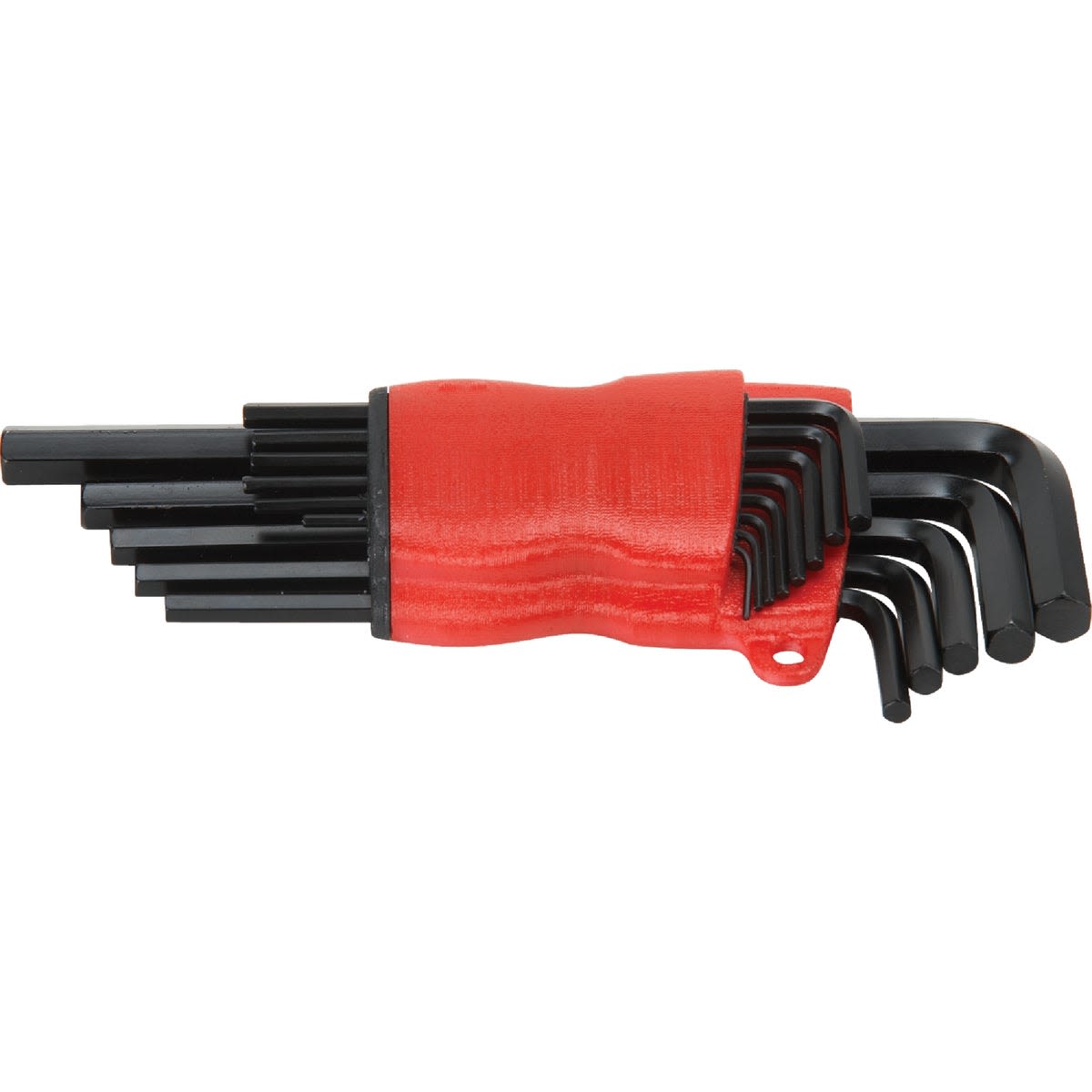 Set of 13 black standard long arm hex keys with red plastic holder for tools and home improvement tasks