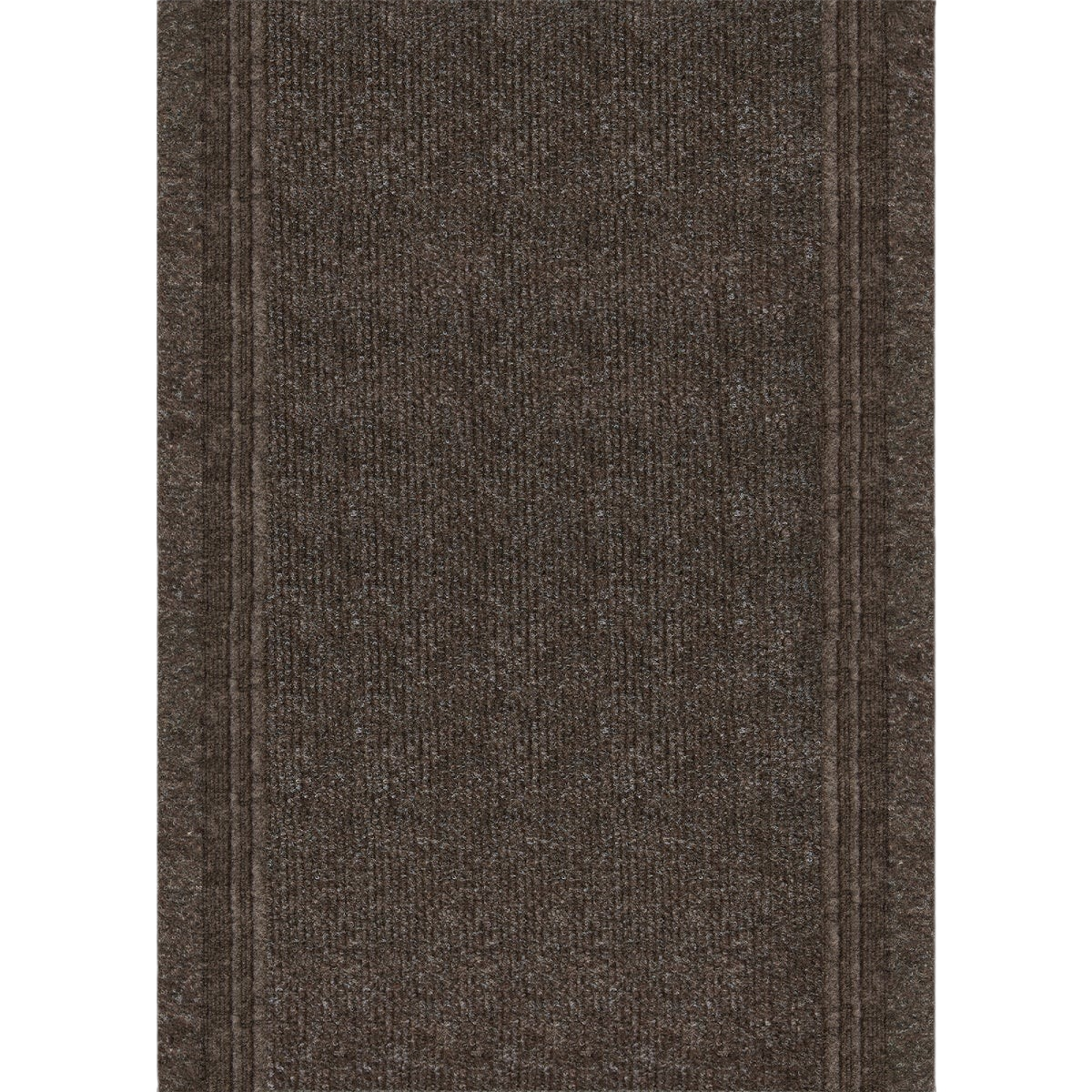 Dark brown textured carpet runner with subtle linear border pattern for hallways and entryways.