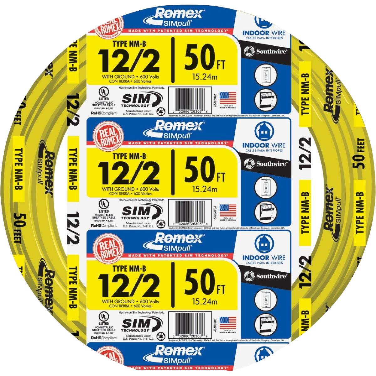 Yellow 50 ft. 12-2 solid electrical wire cable for indoor residential and commercial building wire applications