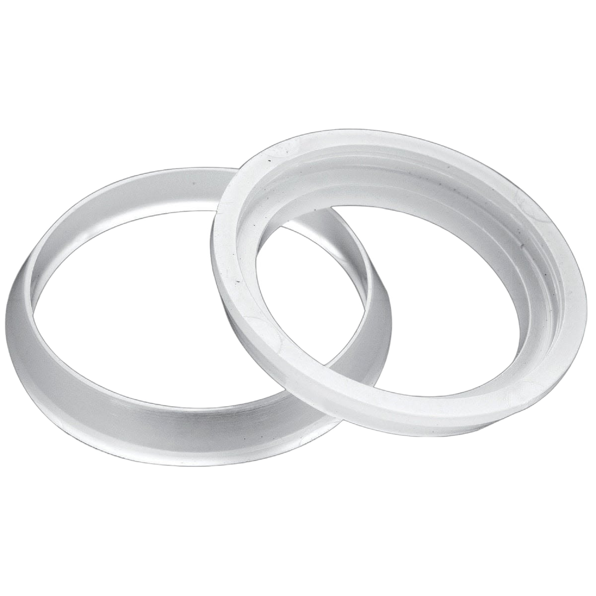 Pair of white plastic reducing washers for plumbing slip joint repair and leak prevention in home improvement projects