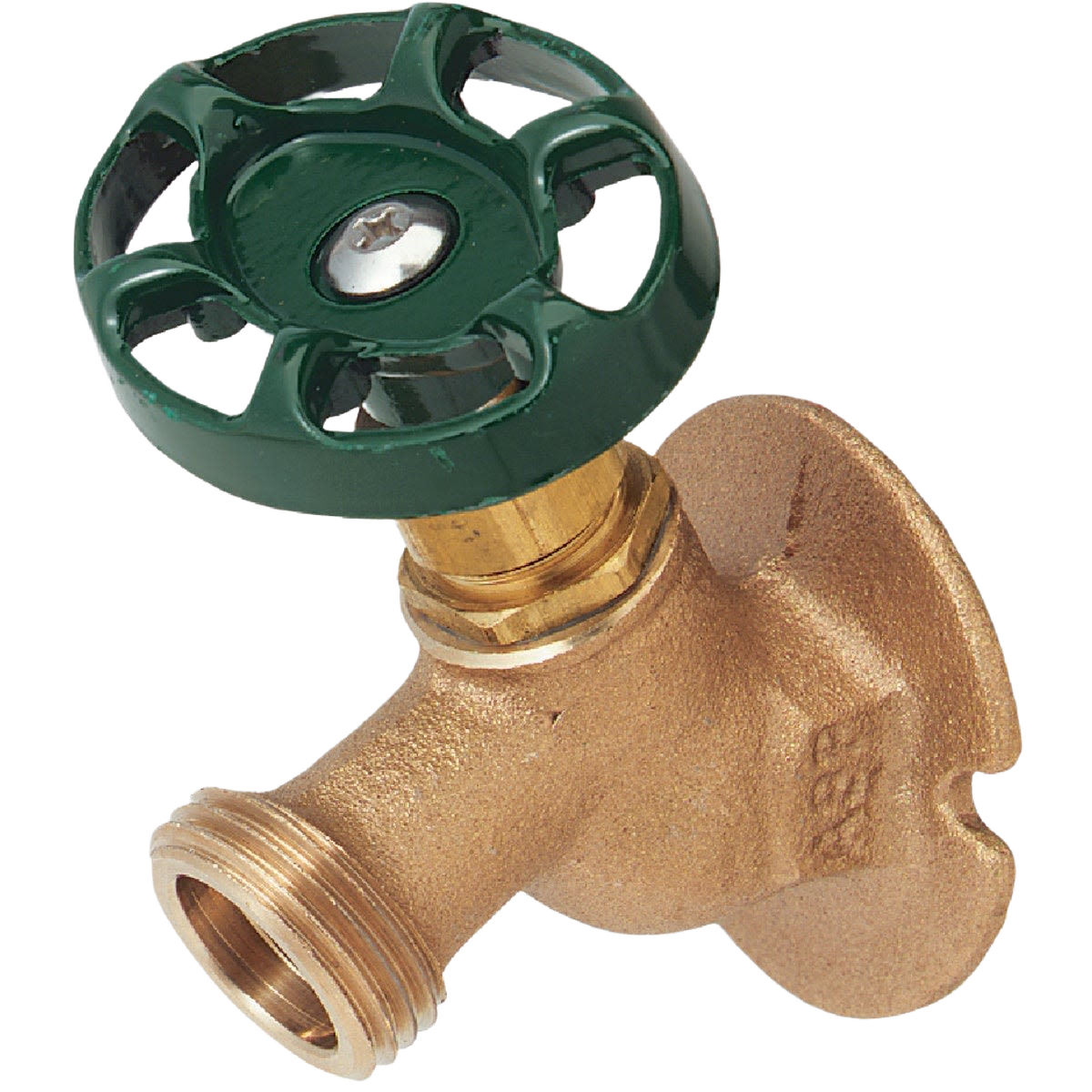 Brass sillcock faucet with solid flange and green oval handle for outdoor home improvement use
