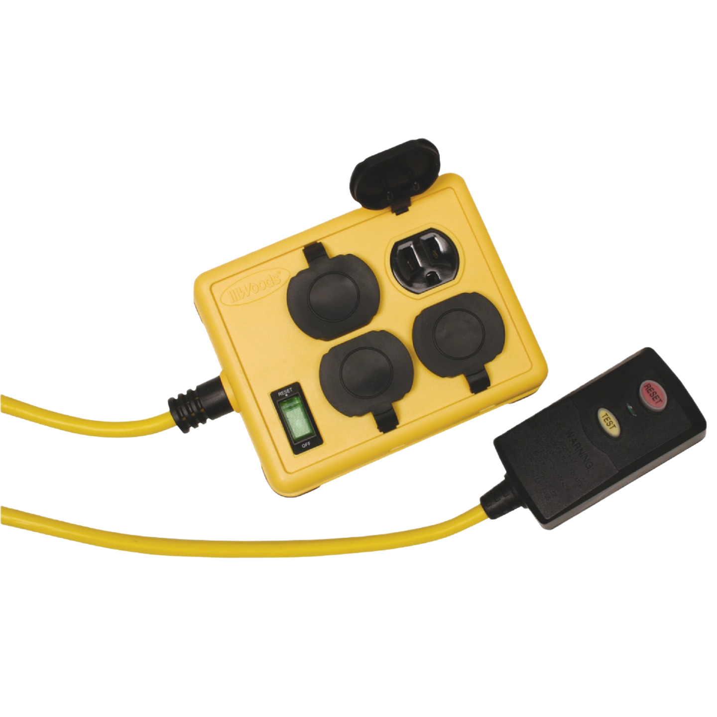 Yellow 14-gauge 4-outlet GFCI electrical cord with protective covers for workshop and home improvement projects under $50 collection