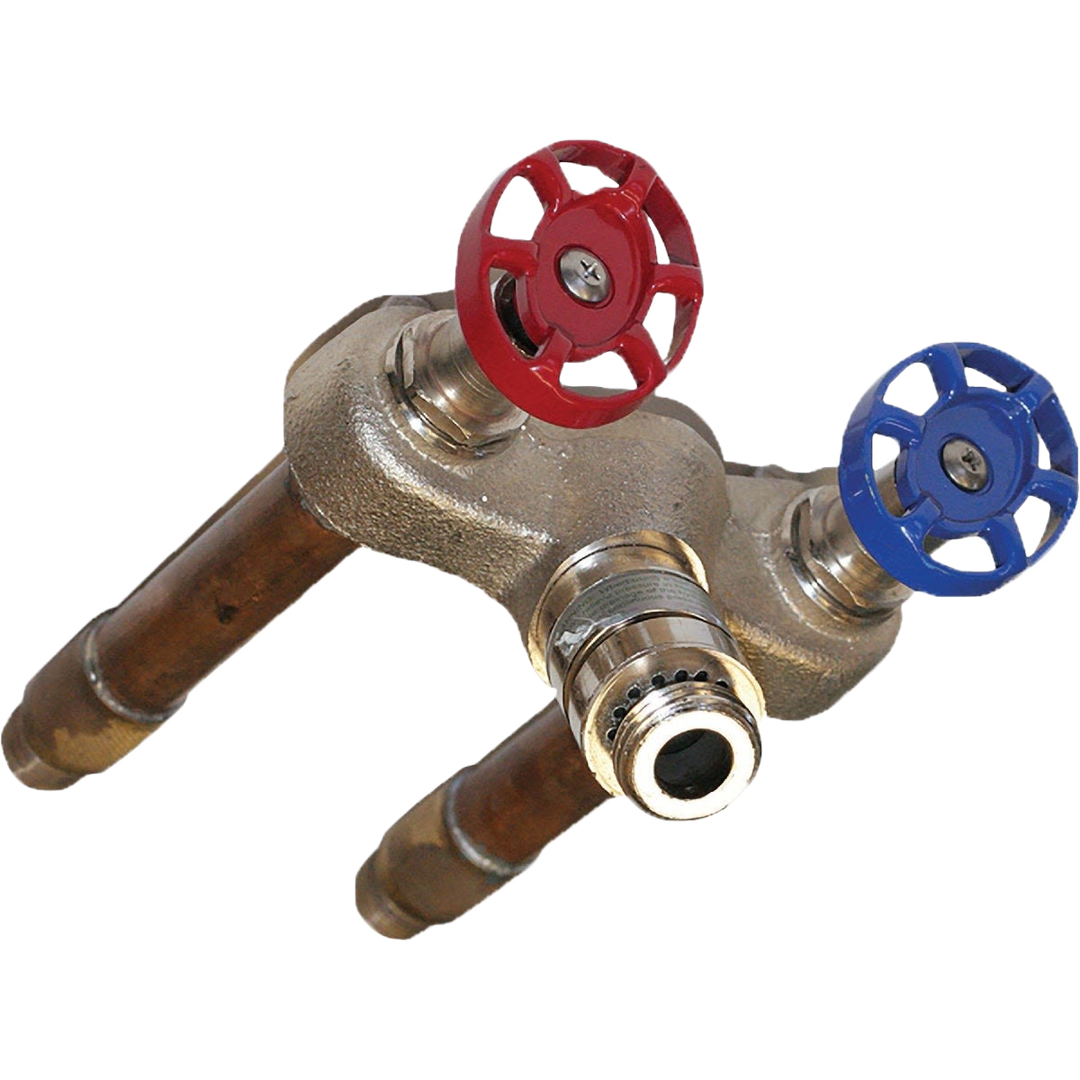 Brass hot and cold water hydrant with red and blue valve handles for home improvement plumbing tasks