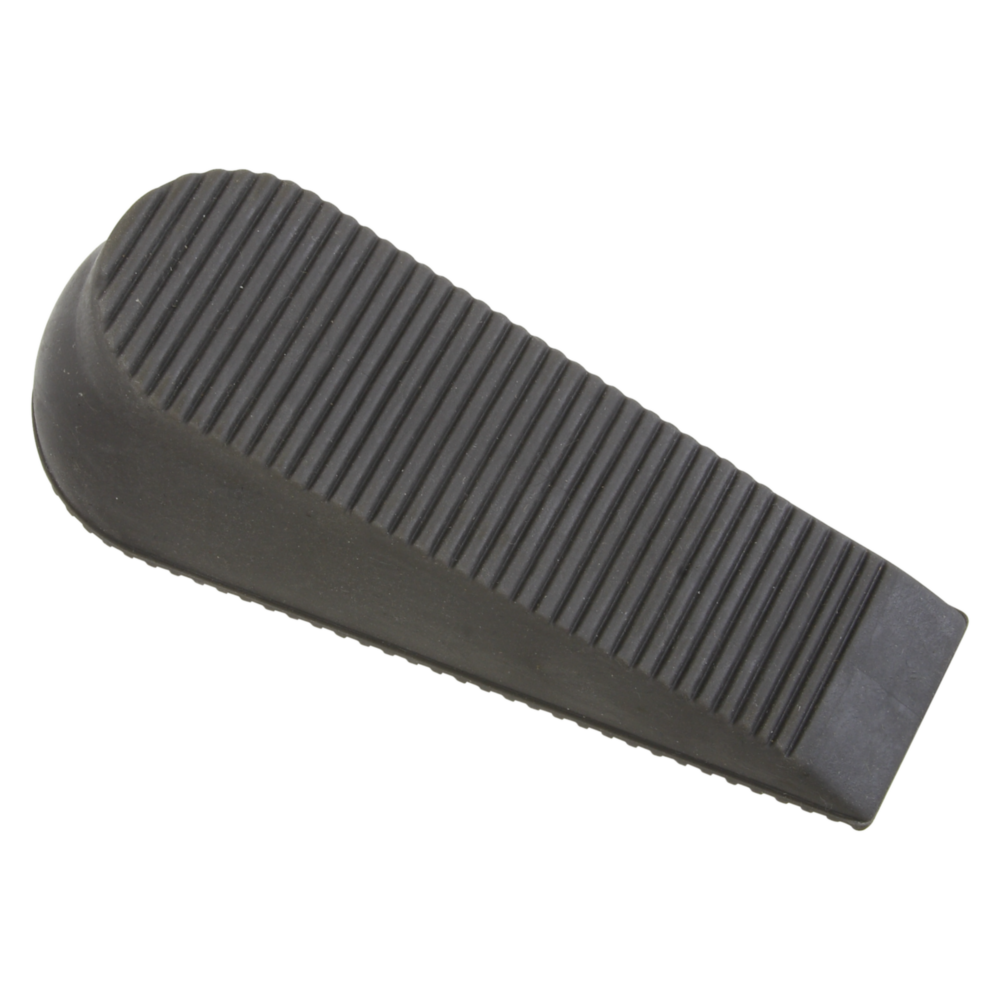 Black rubber door wedge with ridged surface for secure door holding in home improvement and door accessories collections