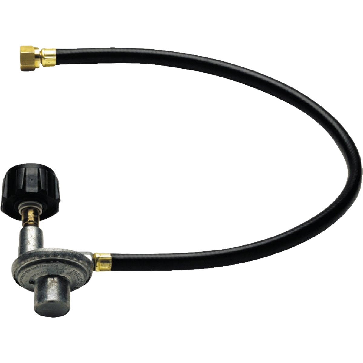 Flexible black PVC propane hose with metal regulator and fittings for outdoor grill connection and home improvement tasks