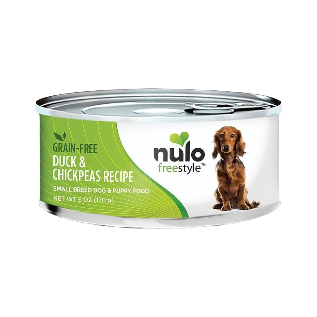 Canned dog food featuring duck and chickpeas recipe for small breeds and puppies in a 6 oz container
