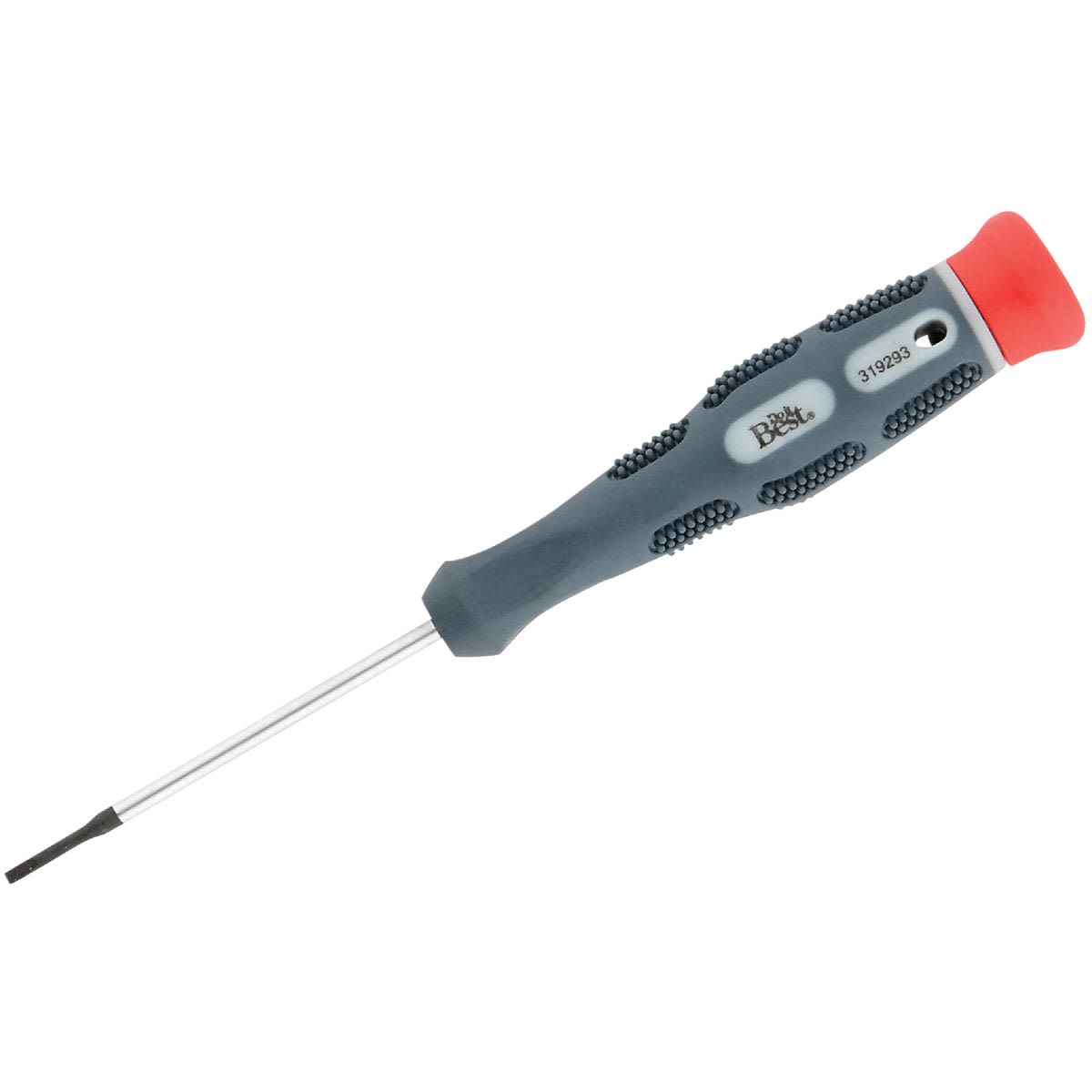 Slotted screwdriver with textured gray handle and red cap designed for precise home improvement tasks