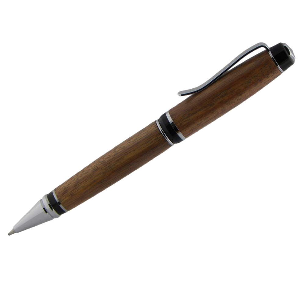 Heavy-duty chrome pencil with rich wood barrel and black metal clip, ideal for woodworking tools and office supplies.