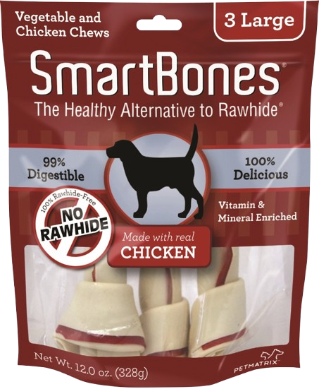 Package of three large chicken and vegetable dog chews, rawhide-free and enriched with vitamins and minerals