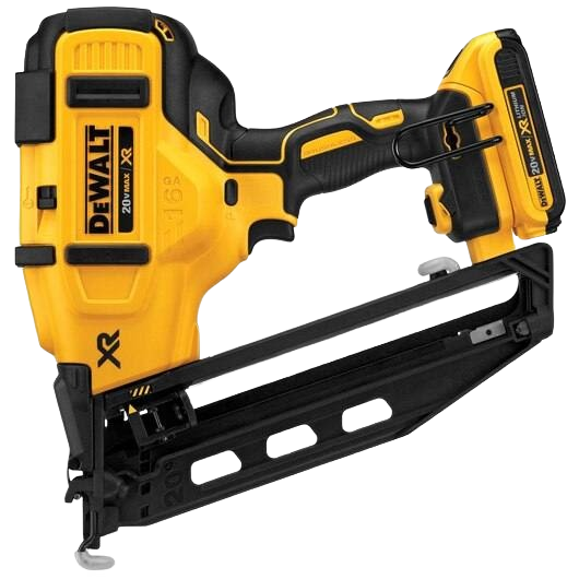 Yellow and black cordless 20V angled finish nailer with ergonomic grip for efficient home improvement and woodworking projects