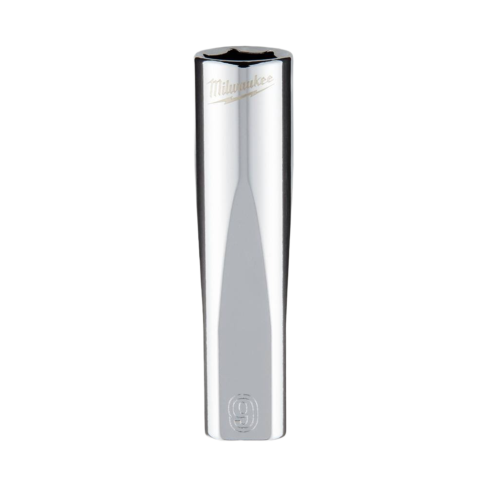 Chrome-finished 9mm deep socket with FOUR FLAT™ sides for improved grip in tools and home improvement tasks