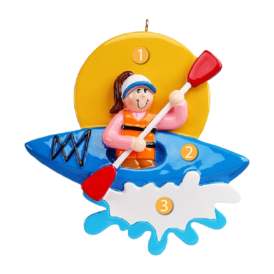 Bright blue kayak ornament with smiling girl paddling under golden sun for Christmas Ornaments & Tree Decorations under $50 collection