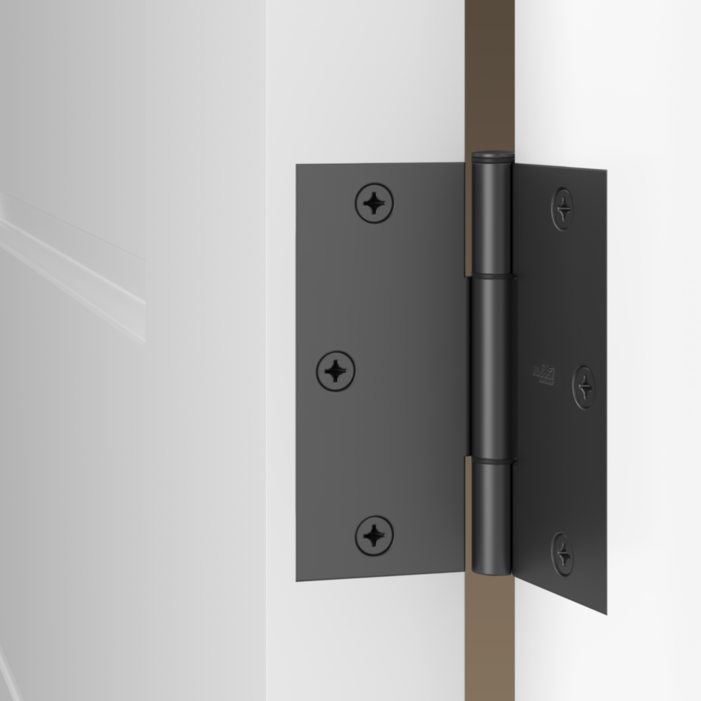 Matte black square corner hinge with six screws for silent door pivot in hardware and home improvement projects