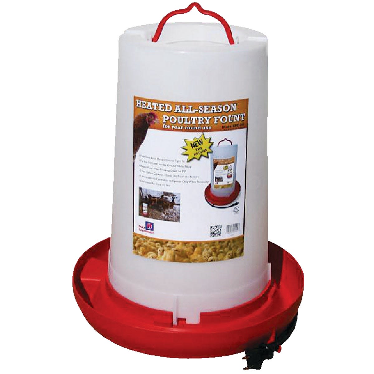 White and red heated poultry fountain with insulated body and red carrying handle for year-round use