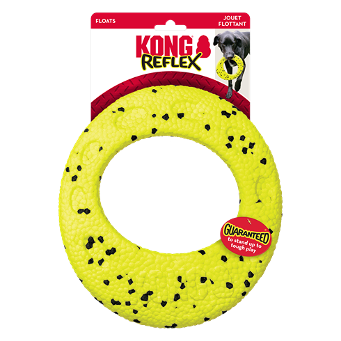 Yellow and black speckled floating dog toy ring made from durable material for interactive pet play under $50 collection