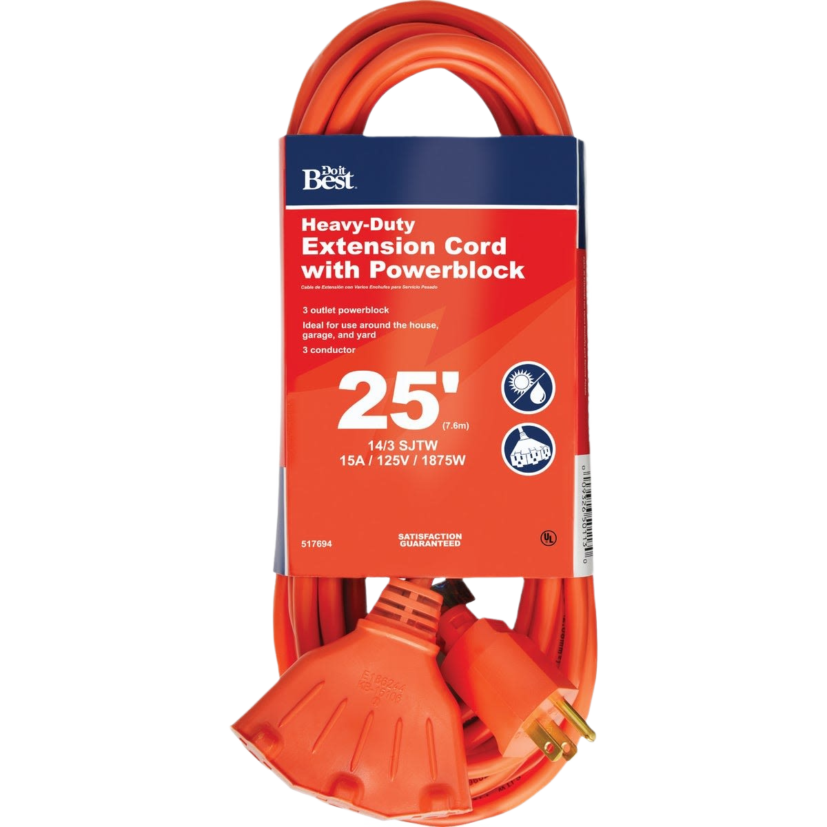 Heavy-duty orange 25-foot extension cord with powerblock for indoor and outdoor electrical use in home improvement collections