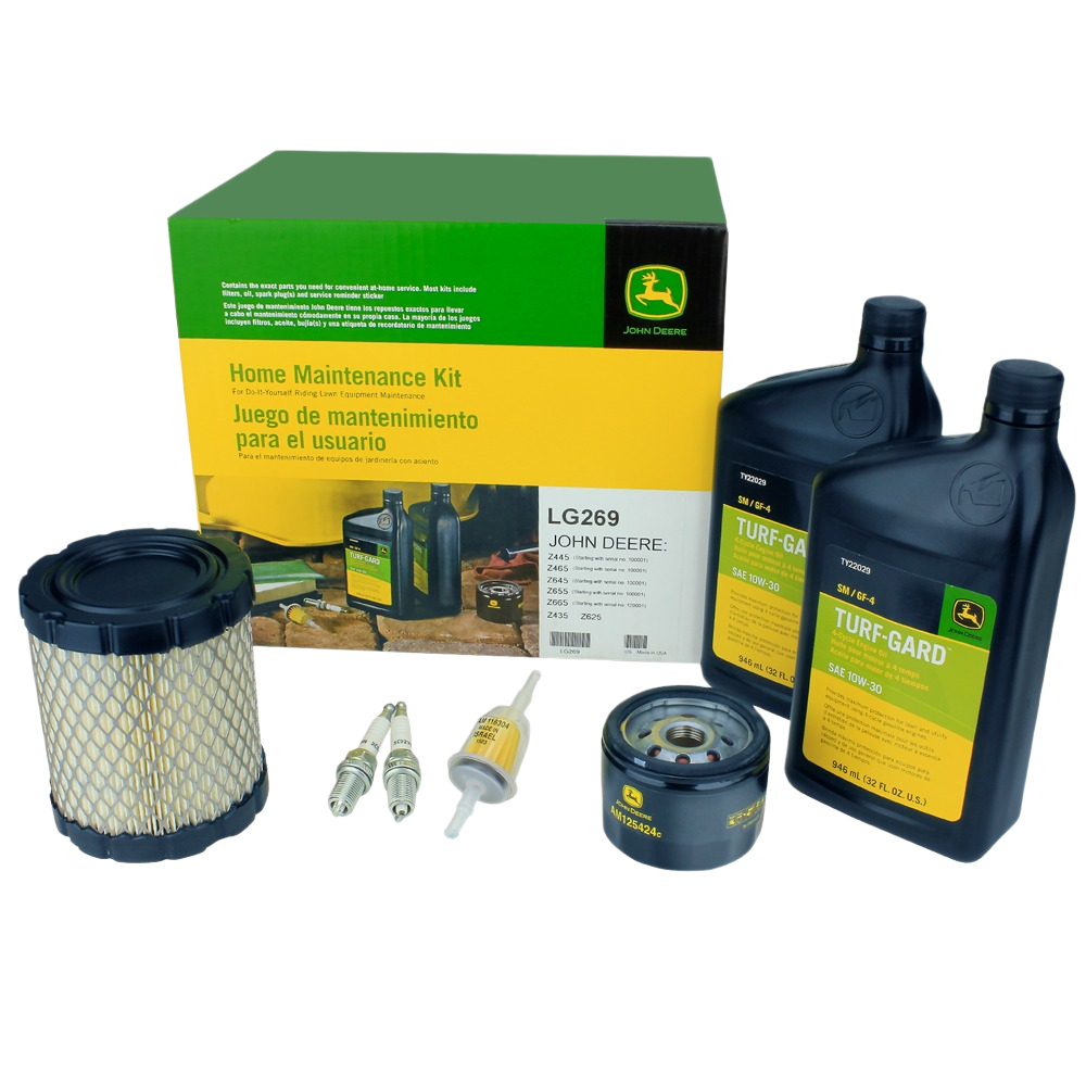 John Deere home maintenance kit with oil bottles, air filter, spark plugs, fuel filter, and oil filter for tools and maintenance