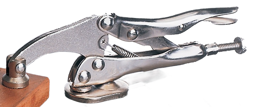 Silver metal drill press clamp with lever handle and adjustable screw for secure tool positioning in home improvement projects