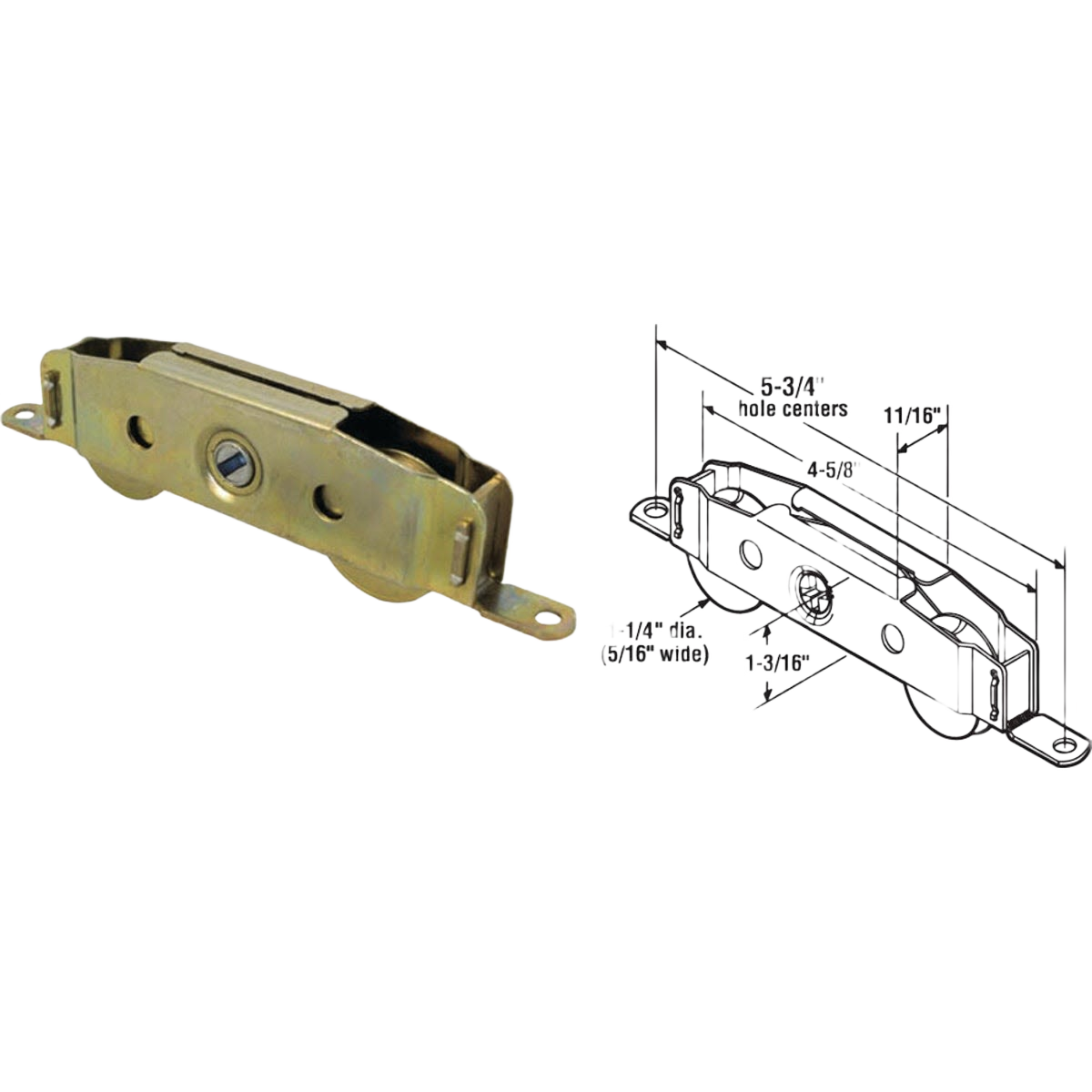 Steel patio door roller with housing assembly shown alongside technical line drawing with measurements